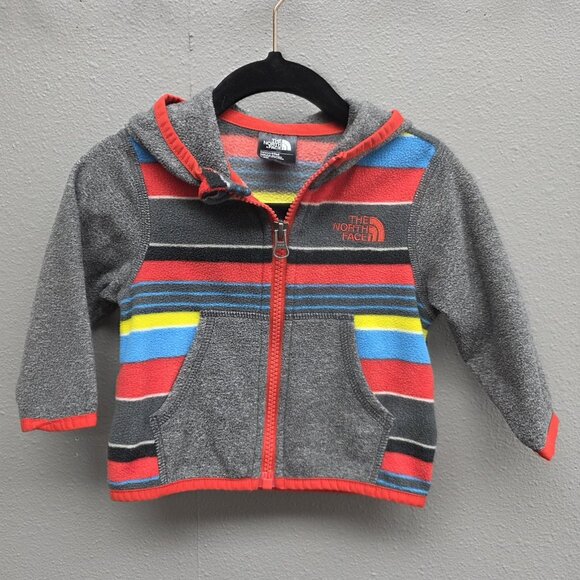 The North Face Jacket Infant Baby 3-6M Gray Stripe Fleece Hooded Full Zip A8A3 - Picture 1 of 12